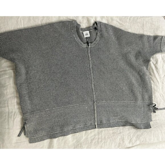 Cabi Women's Black White Striped Cupid Cardigan Sweater Small Zip-Up Boxy Fit - Picture 1 of 7